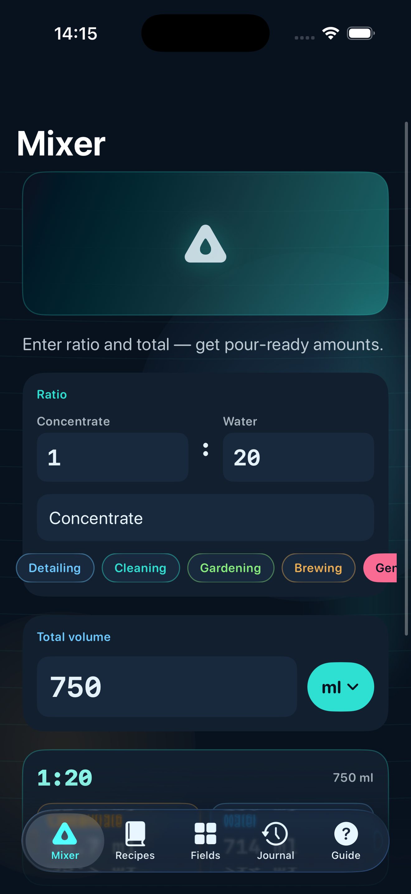 Blend Bench mixer showing ratio and pour amounts